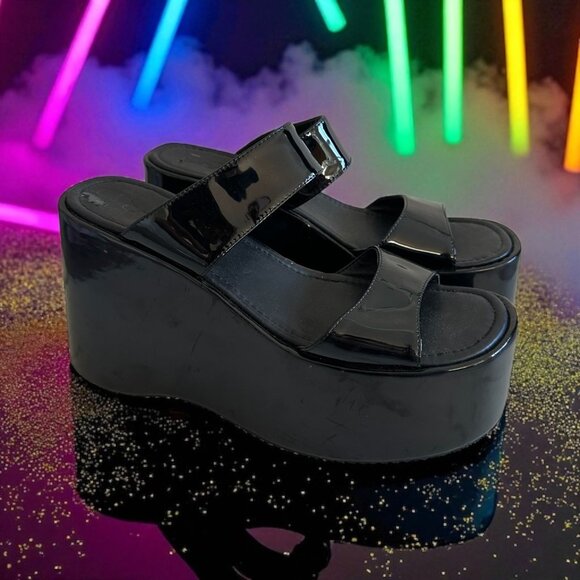 UNIF Black Patent Platform Slides Sandals Wedges Size 8 - Picture 1 of 11